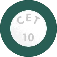 Illustration of a white chewable cetirizine tablet with CET 10 stamped on it