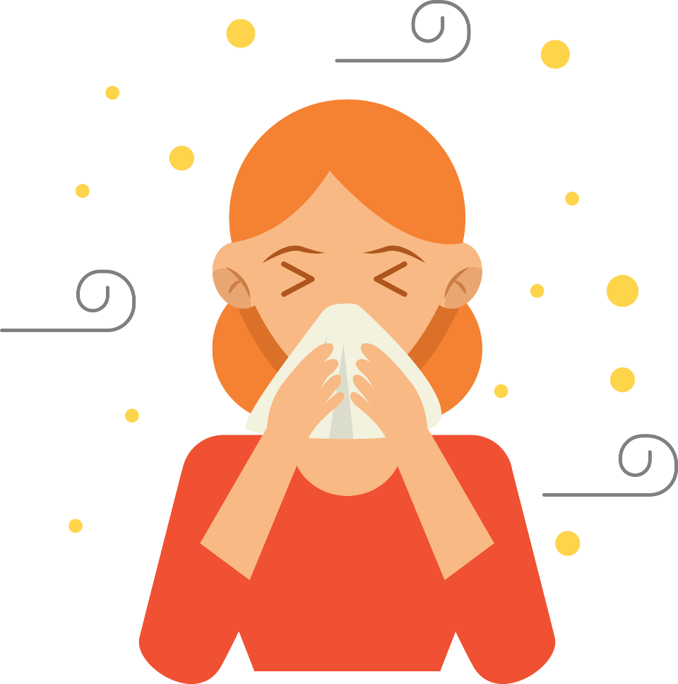 Woman blowing her nose with pollen blowing