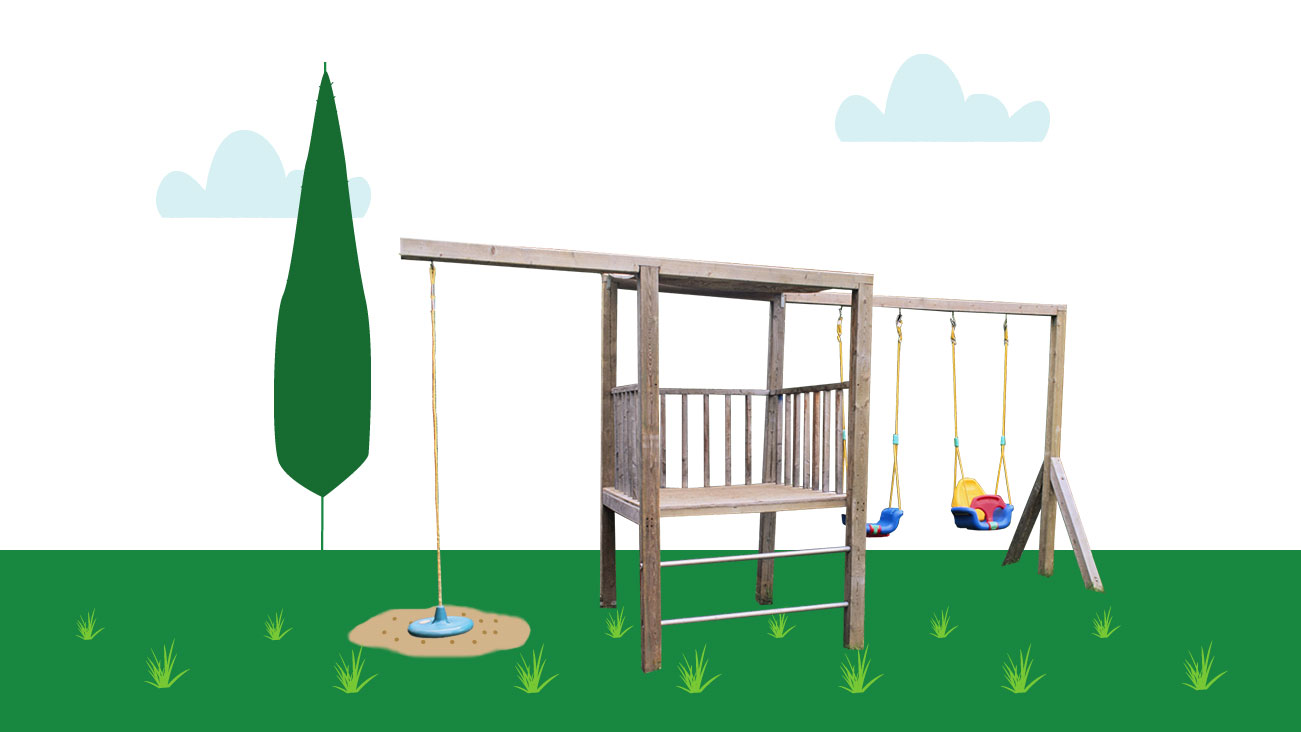 Wooden play structure in a backyard