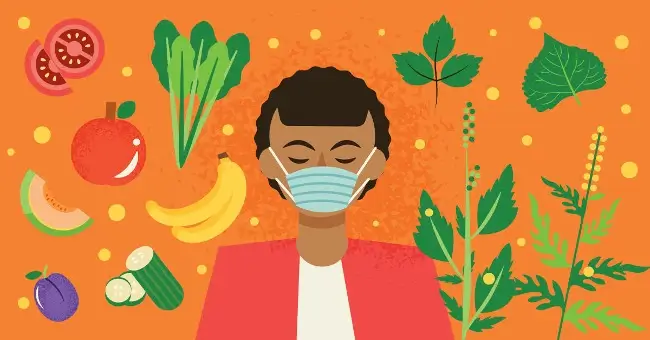 Ilustración de una persona usando una mascarilla, rodeada de plantas, frutas y verduras