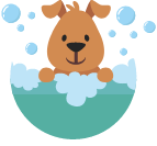 Illustration of a brown dog in a bathrub with soap suds