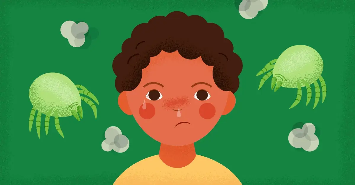 Ilustración de un niño con reacciones alérgicas al polvo y a los ácaros del polvo a su alrededor