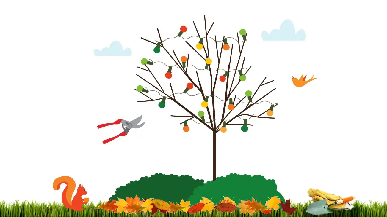 Illustration of a yard after the holidays with festive lights on a tree, dried leaves & garden tools