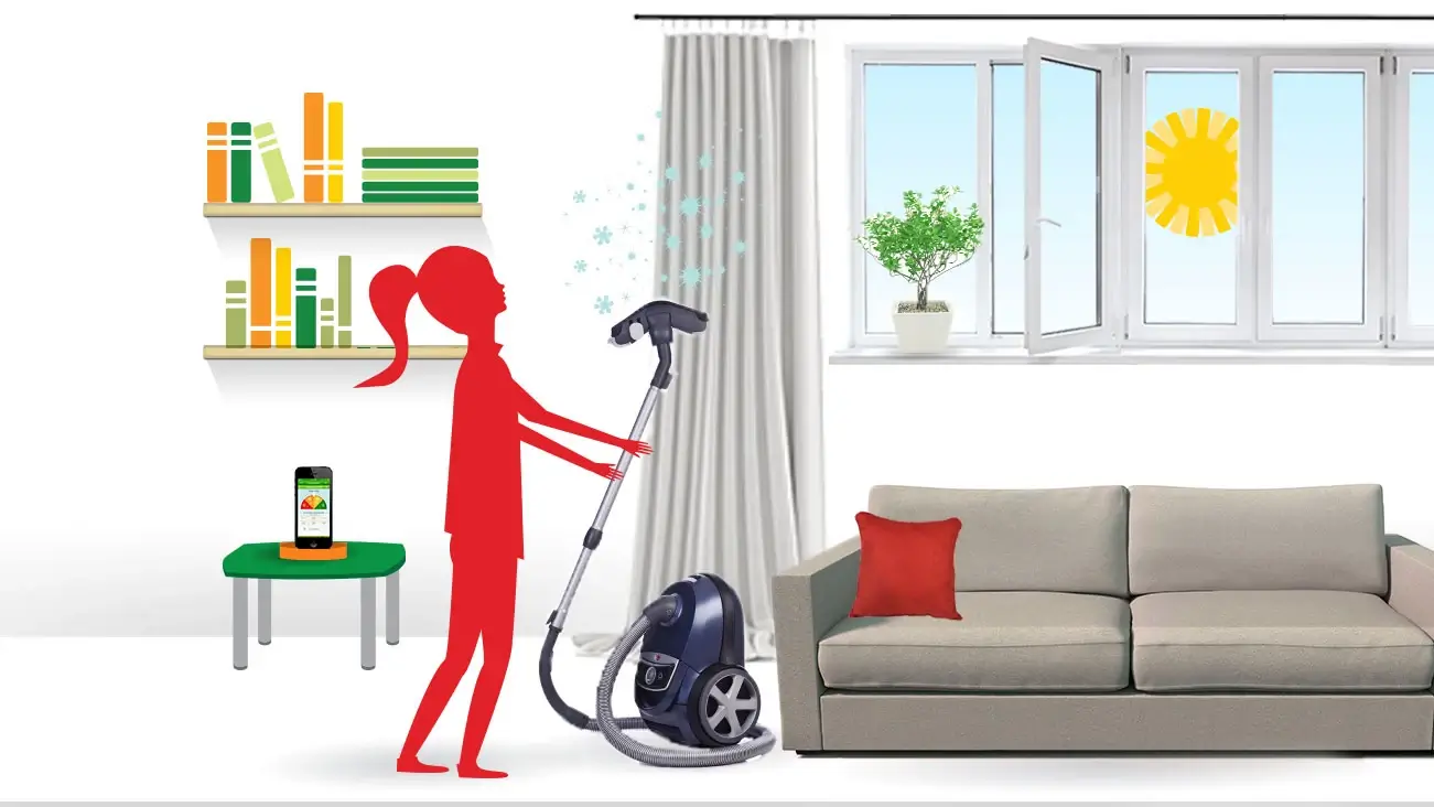 Illustration of a woman in her living room, vacuuming the curtains with blue skies and sun outside