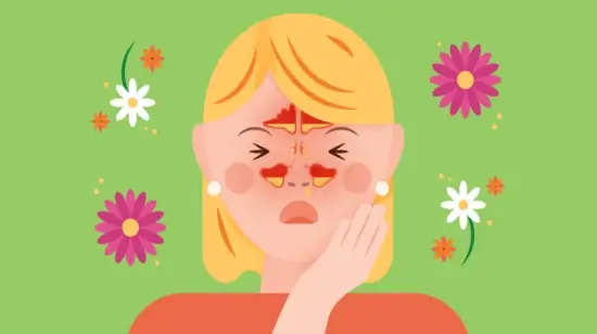 Ilustración de una persona que sufre alergias graves con dolor de mandíbula, rodeada de flores