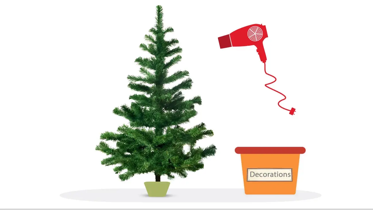 Illustration of a fake Christmas tree getting clean before decorating