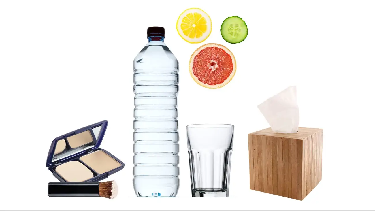 Collage de suministros para combatir un rostro hinchado por las alergias, como maquillaje y agua