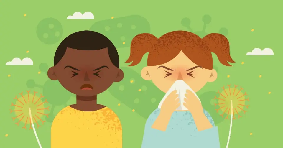 Dos niños con reacciones alérgicas a las flores y los alérgenos en el cielo