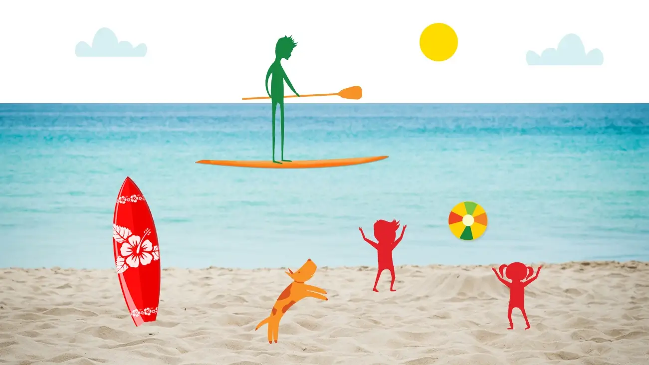 Collage of a person paddle boarding with children and a dog playing on the beach