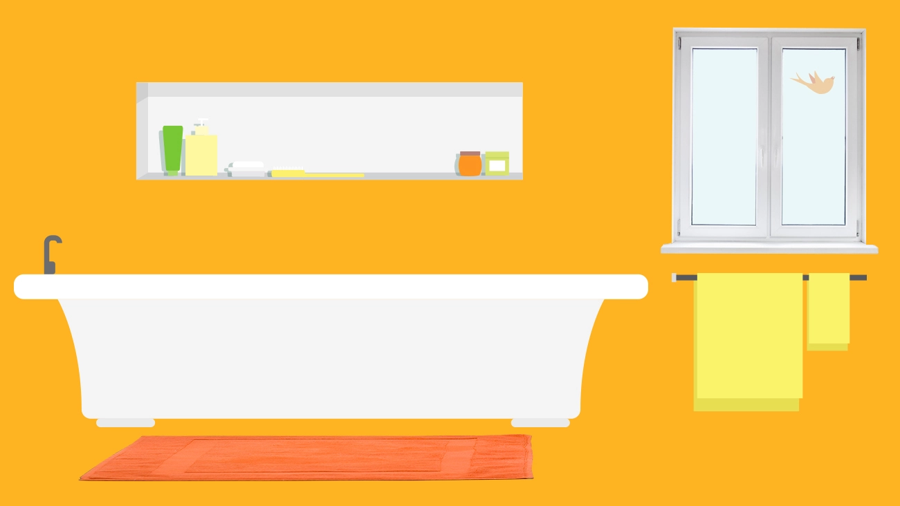 Ilustración de un baño con paredes amarillas, una bañera y una ventana con un pájaro afuera