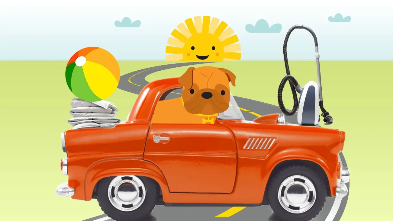 Collage de un perro en un auto con ropa de cama, una pelota de playa y una aspiradora, en una carretera con un sol sonriente