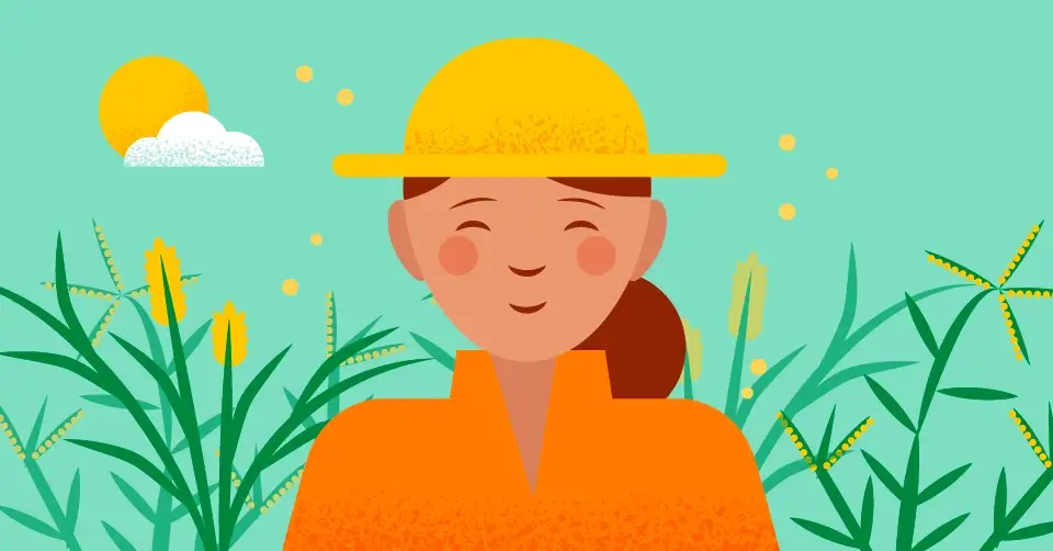 Ilustración de una mujer sonriendo, rodeada de plantas y alérgenos