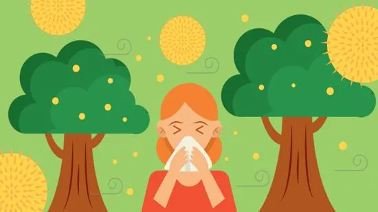 Illustration of a woman blowing her nose, in between trees, surrounded by yellow pollen particles.