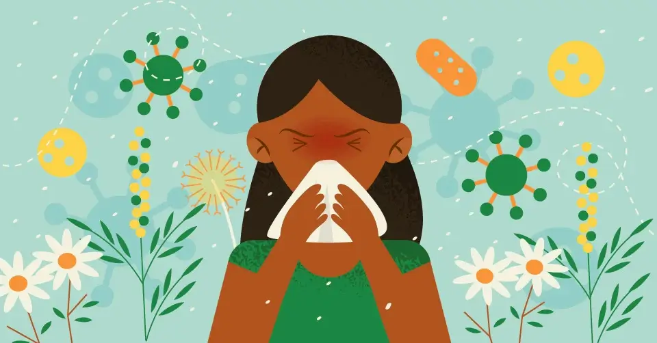 Sneezing woman surrounded by pollen and outdoor allergy triggers