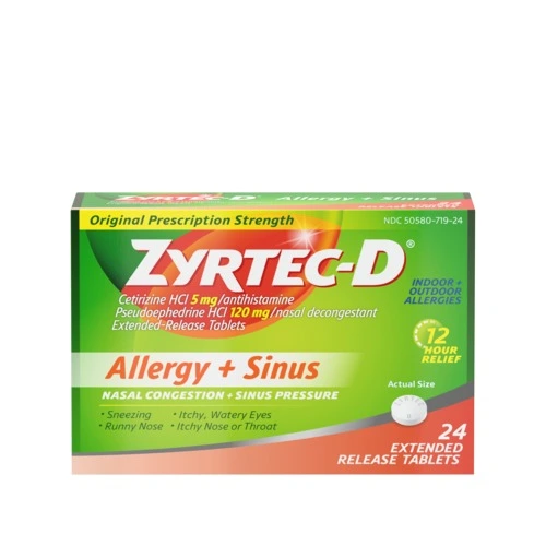 Product pack shot of ZYRTEC®-D Allergy Relief Tablets with Decongestant and Cetirizine HCl
