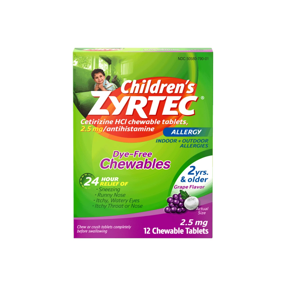 Product pack shot of ZYRTEC® Dye-Free Grape Chewable Allergy Relief Tablets for Children ages 2+
