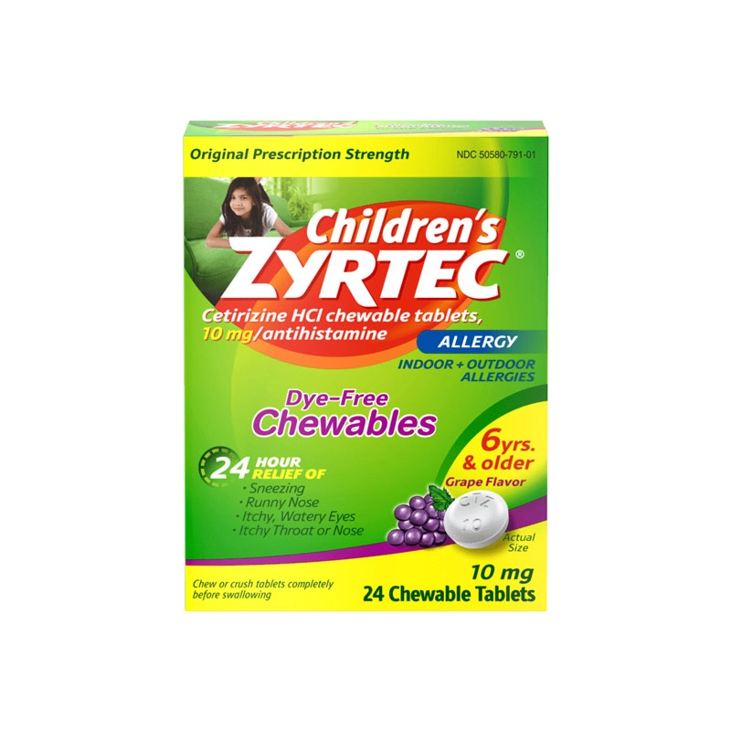 Product pack shot of ZYRTEC® Dye-Free Grape Chewable Allergy Relief Tablets for Children ages 6+