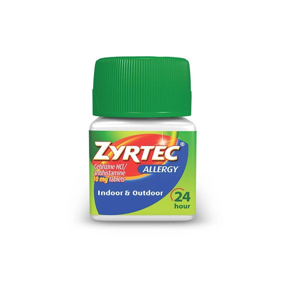 Product pack shot of ZYRTEC® Allergy Relief Tablets with Cetirizine HCl