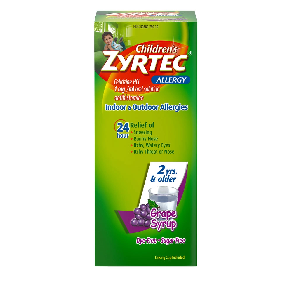 Product pack shot of Children's ZYRTEC® Dye-Free Grape Allergy Relief Syrup