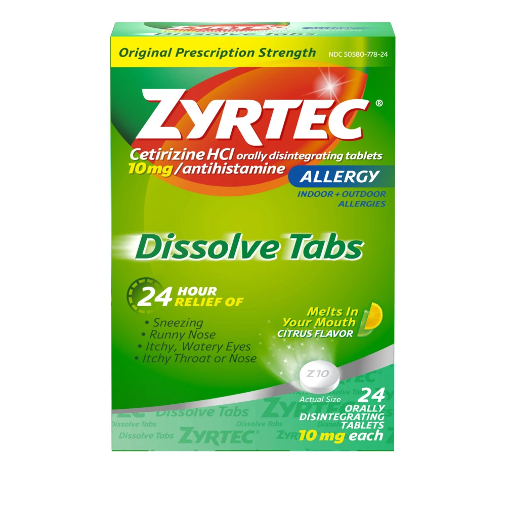 ¡Nuevo! Pastillas de disolución oral Zyrtec para adultos, utilizadas para tratar alergias, tanto en interiores como al aire libre