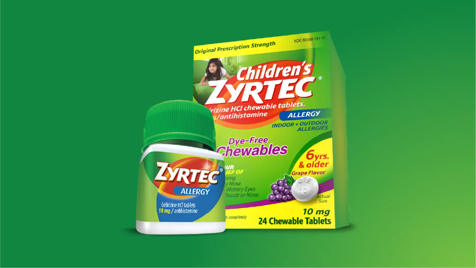 Frasco de pastillas ZYRTEC® y envase de pastillas masticables ZYRTEC® para niños