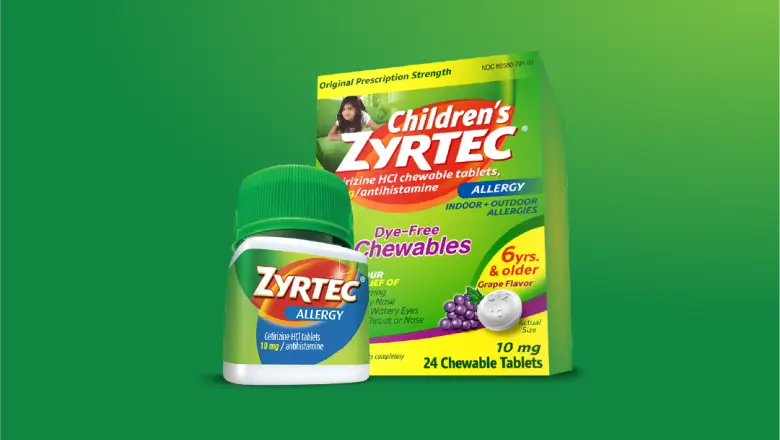 Frasco de pastillas ZYRTEC® y envase de pastillas masticables ZYRTEC® para niños