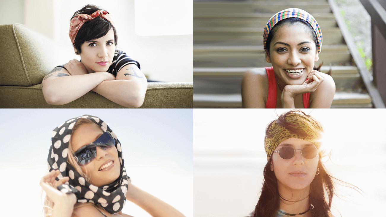 Collage de mujeres usando pañuelos en la cabeza de diferentes maneras