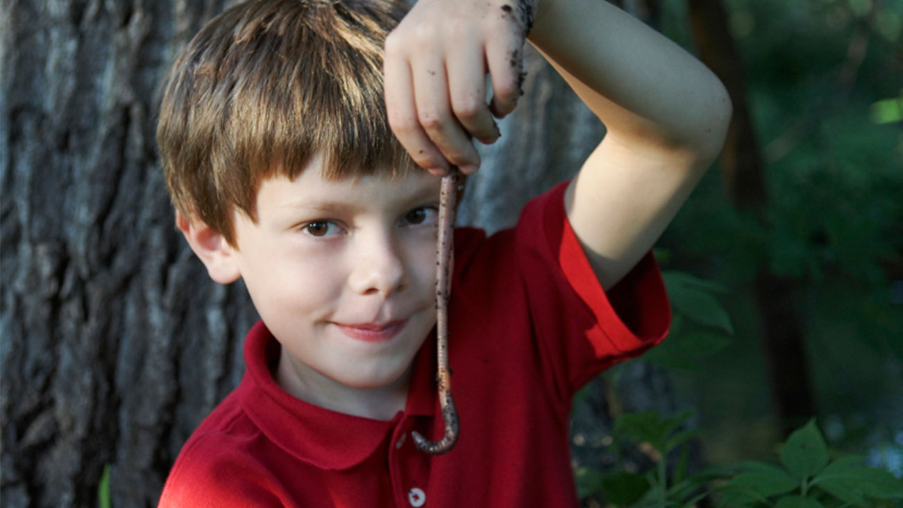 Child holding an earthworm