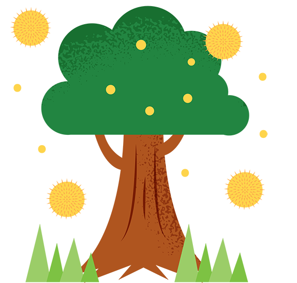 Illustration of a tree and tree pollen particles