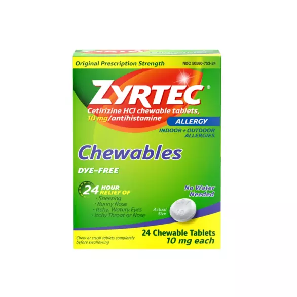 Product pack shot of ZYRTEC® Allergy Relief Dye-Free Chewable Tablets