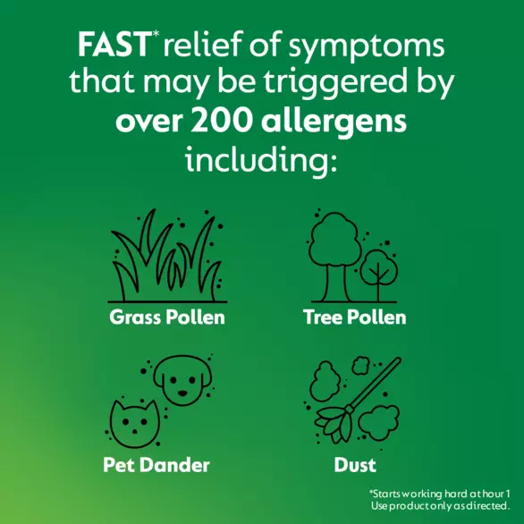 Zyrtec Oral Dissolve Tablets provide fast relief of symptoms that may be triggered by over 200 allergens including Grass Pollen, Tree Pollen, Pet Dander, and Dust. 