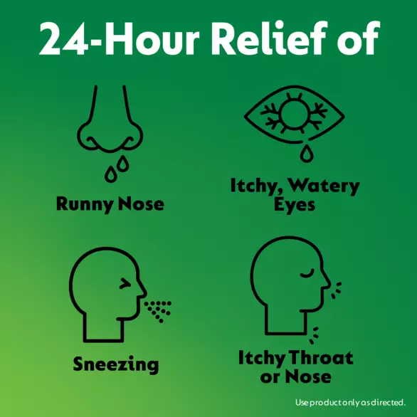 Las pastillas Zyrtec Oral Dissolve 
Tablets brindan un alivio de 24 horas al goteo nasal, la picazón en los ojos, el lagrimeo, los estornudos y la picazón en la garganta o la nariz.