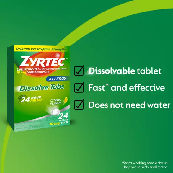 Las pastillas Zyrtec Oral Dissolve Tablets, de acción rápida y alta efectividad, se disuelven instantáneamente en la boca sin necesidad de agua.