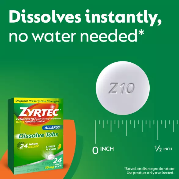 Las pastillas de disolución oral Zyrtec Oral Dissolve Tabs actúan rápidamente y son fáciles de tomar. Son pequeñas, ya que miden menos de ½ pulgada, lo que las hace fáciles de tragar, y se disuelven instantáneamente en la boca, ¡sin necesidad de agua!