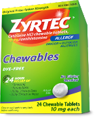 Envase de Zyrtec Dye-Free Chewable Allergy Medicine Tablets